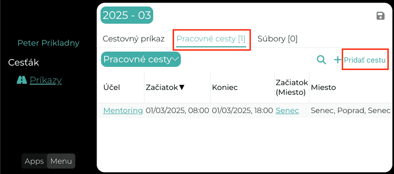 Pridanie pracovnej cesty