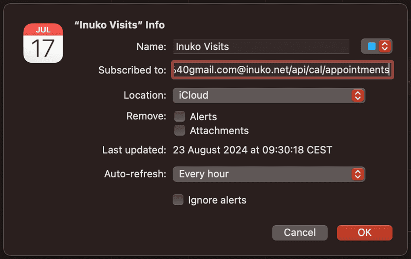 Calendar subscription details